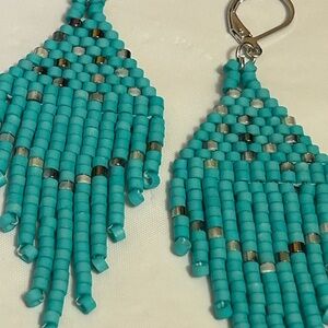 Turquoise Beaded Fringe Earrings 3.5 inch
